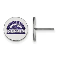 Pair of circular stud earrings with a white face featuring a purple mountain and baseball logo design, shown from front and side views with metal posts and backs.
