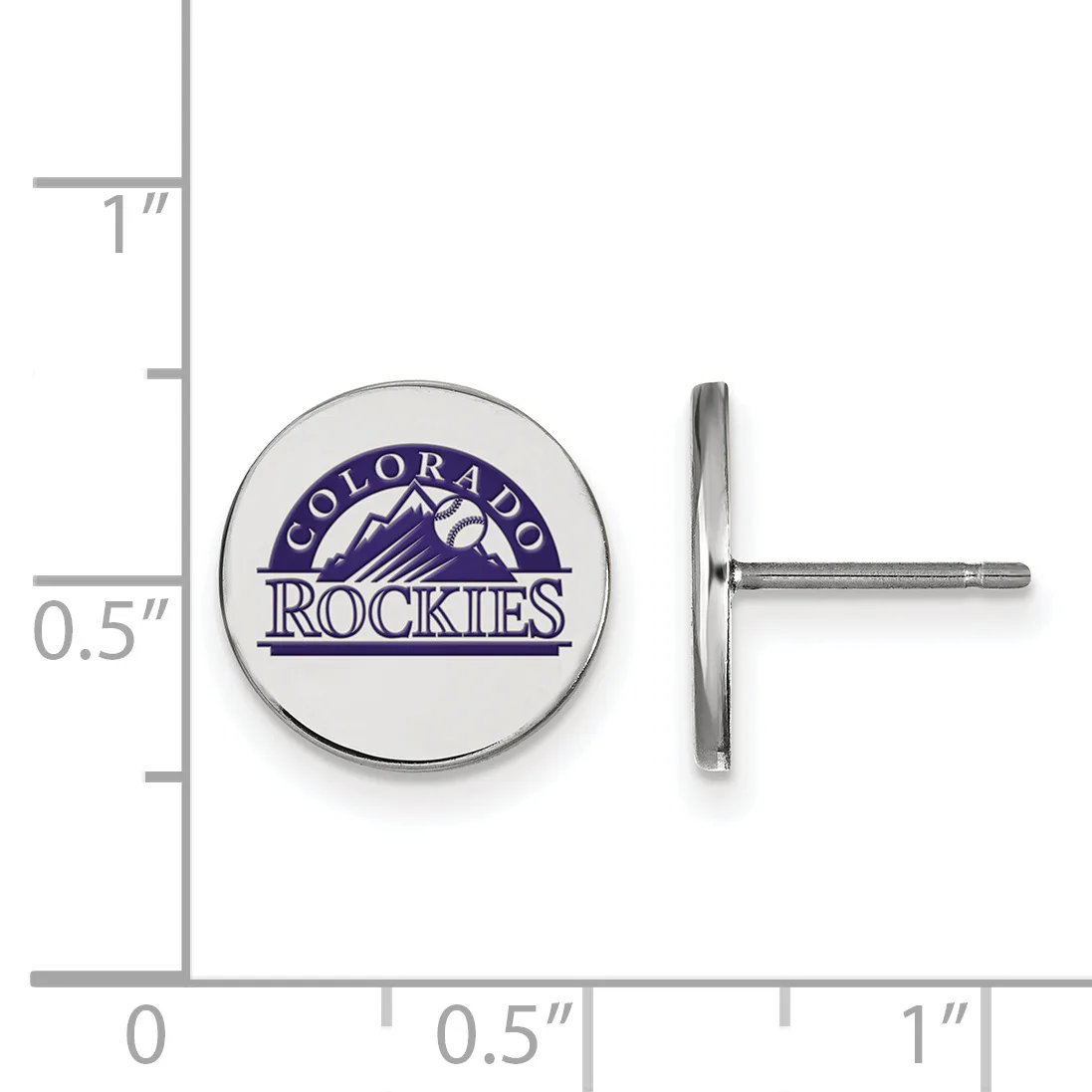 Round silver stud earring with purple and white team logo, shown next to ruler indicating approximately half-inch diameter.