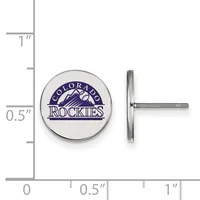 Round silver stud earring with purple and white team logo, shown next to ruler indicating approximately half-inch diameter.