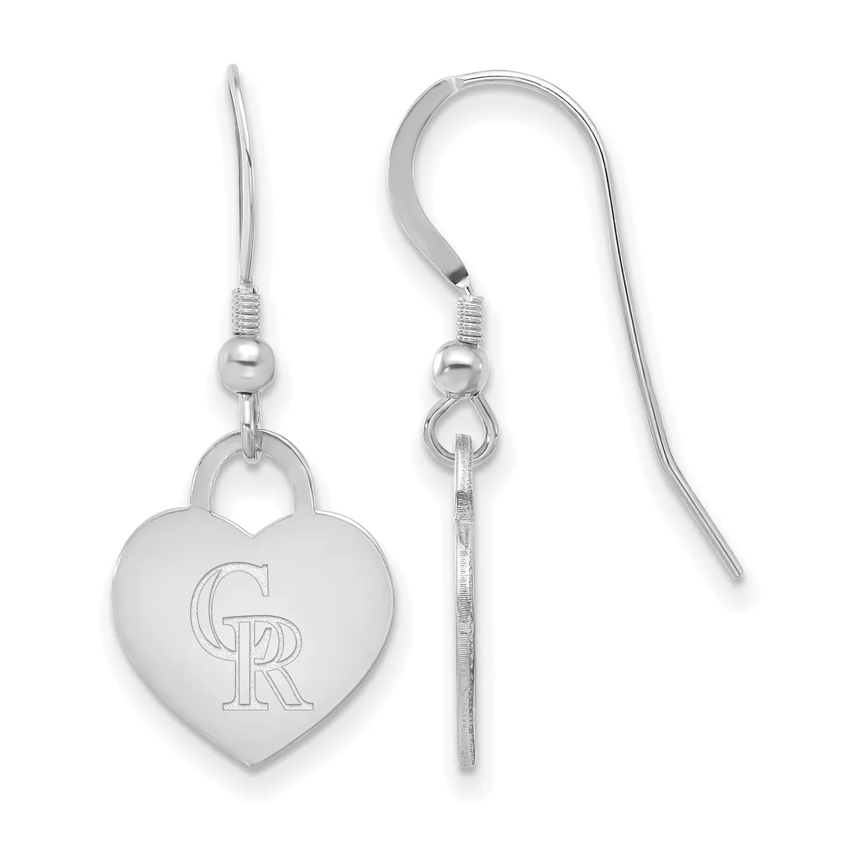 Pair of silver heart-shaped dangle earrings with a small stamped hallmark, suspended from silver ear wires with decorative beads.