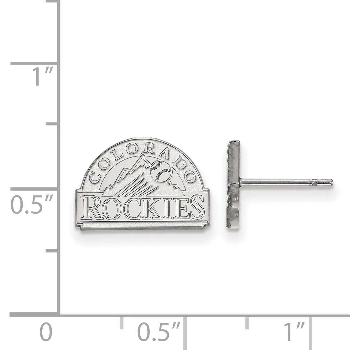 Silver stud earring with a semicircular dome face featuring a baseball and mountain design, shown next to a ruler indicating approximately 0.5 inches in width.