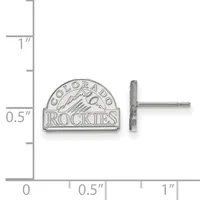 Silver stud earring with a semicircular dome face featuring a baseball and mountain design, shown next to a ruler indicating approximately 0.5 inches in width.
