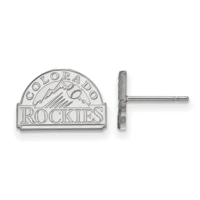 Sterling silver stud earrings shaped like a baseball team logo featuring mountains and a baseball, shown from front and side views.