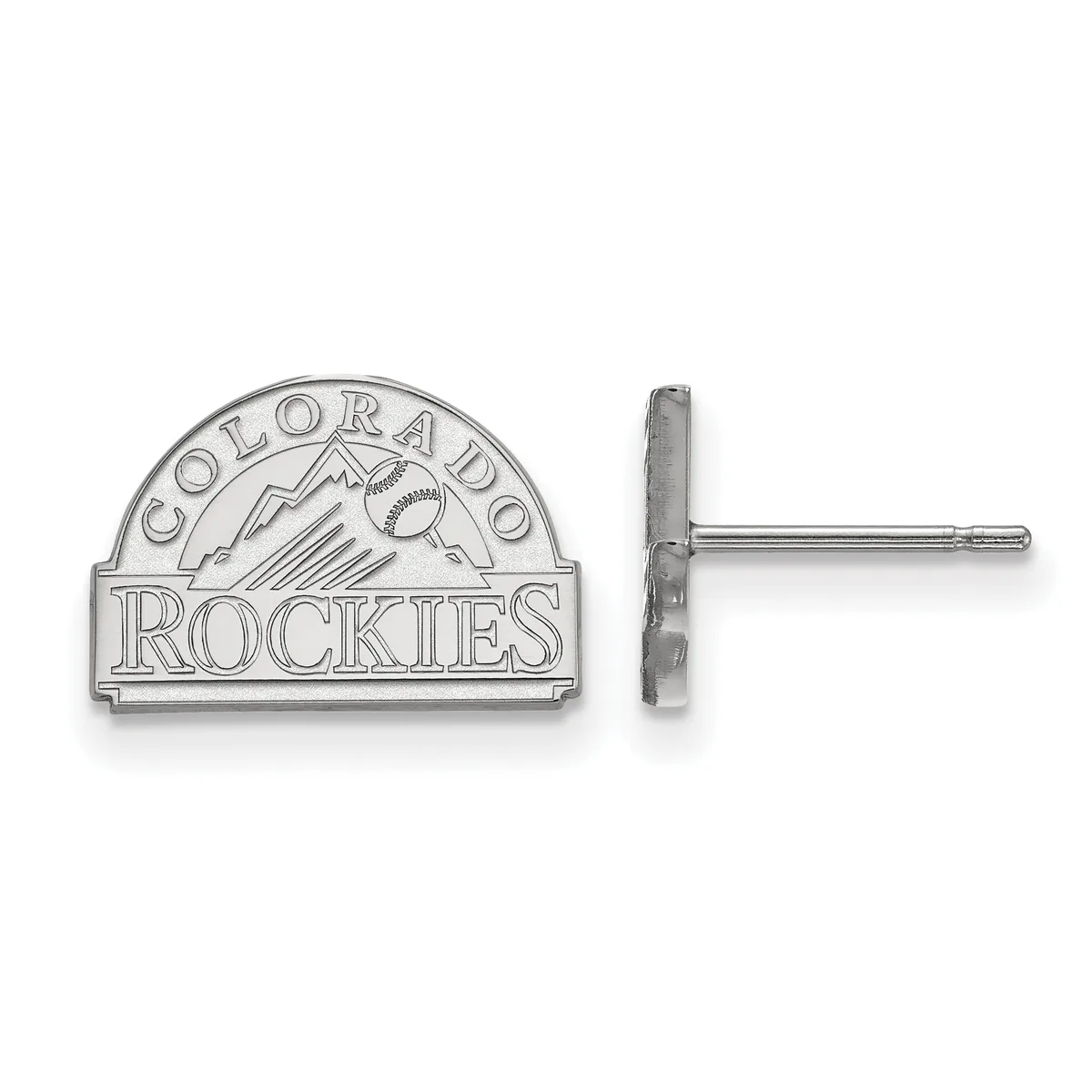 Sterling silver stud earrings shaped like a baseball team logo featuring mountains and a baseball, shown from front and side views.