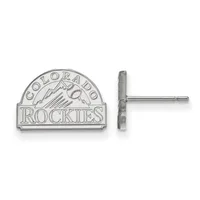 Sterling silver stud earrings shaped like a baseball team logo featuring mountains and a baseball, shown from front and side views.