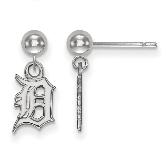 A pair of silver ball stud earrings with Old English letter D charms hanging below, shown from front and side views.