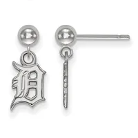 A pair of silver ball stud earrings with Old English letter D charms hanging below, shown from front and side views.