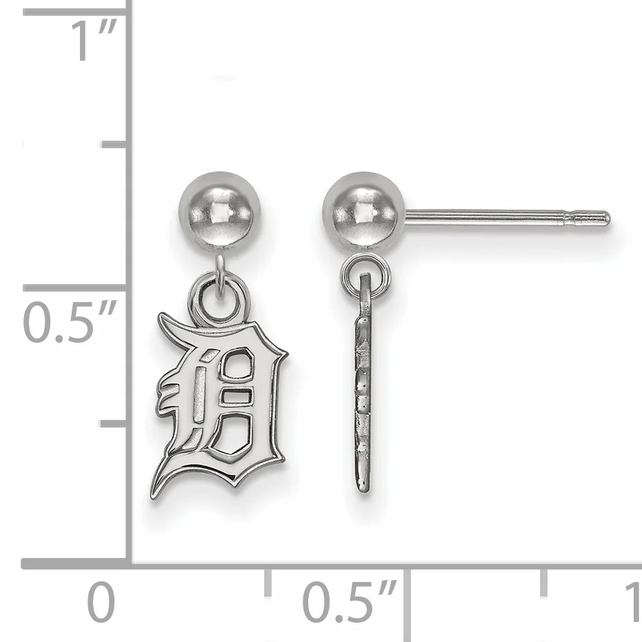 Pair of silver ball stud earrings with dangling Old English letter D charms, shown at actual size with measurement scale.