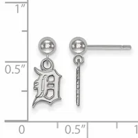 Pair of silver ball stud earrings with dangling Old English letter D charms, shown at actual size with measurement scale.