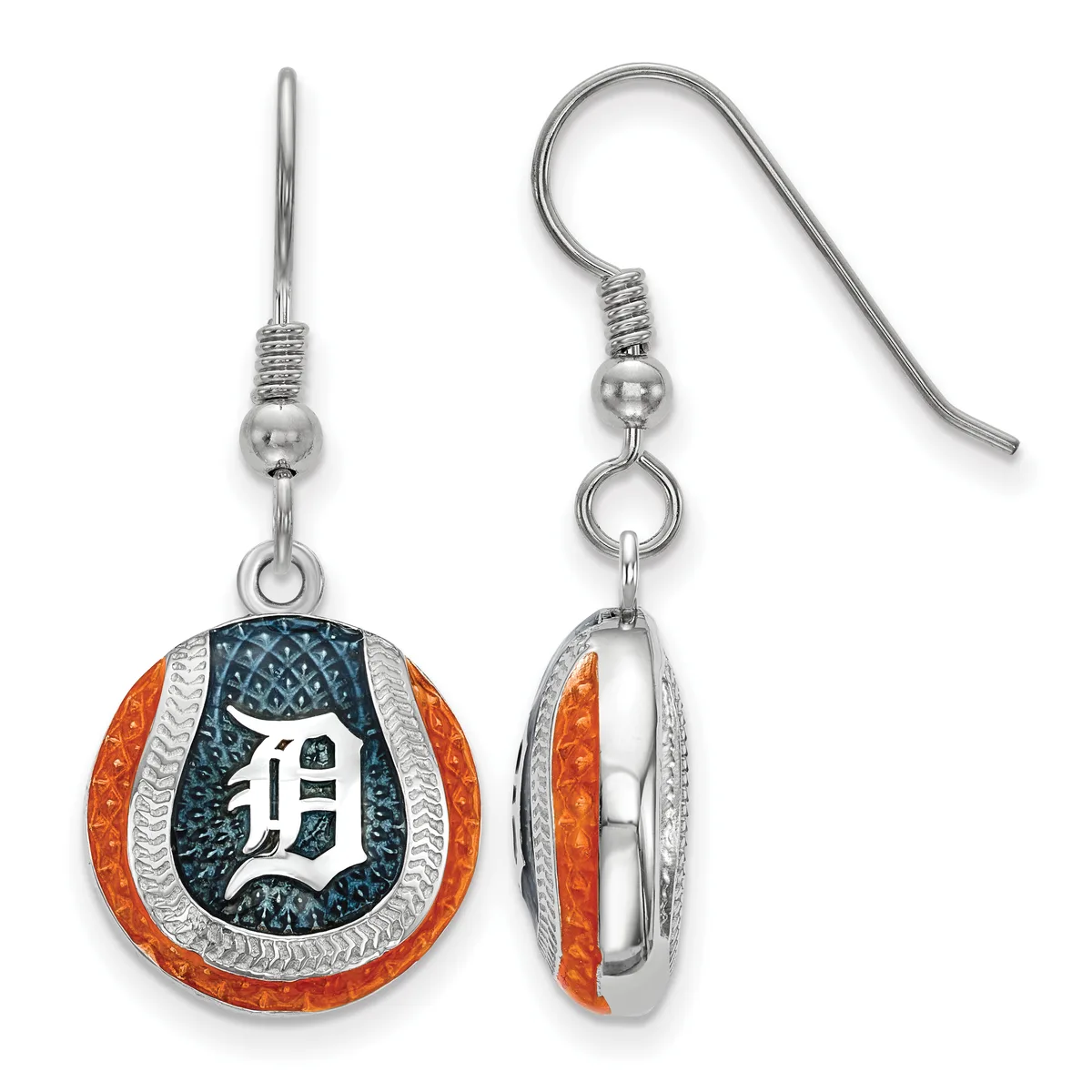 Pair of silver earrings with orange and navy blue enameled baseball-themed pendants featuring a white "D" logo, shown front and side view.