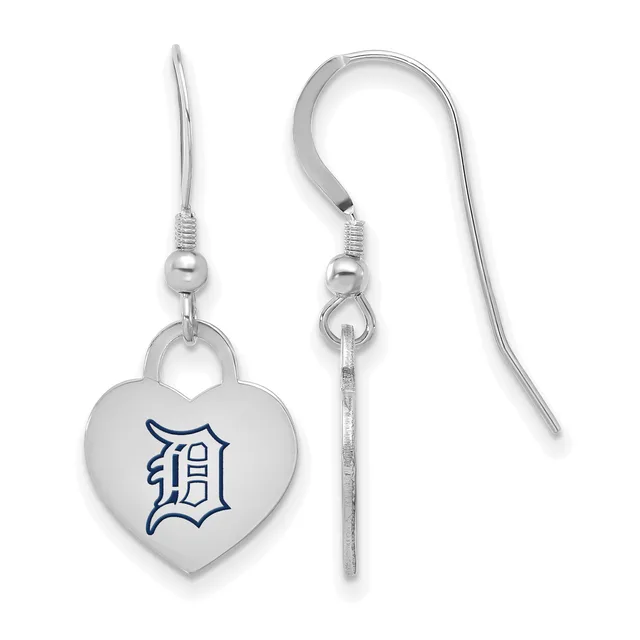 Pair of silver-tone heart-shaped earrings with a blue "D" logo, shown from front and side views with French wire hooks.