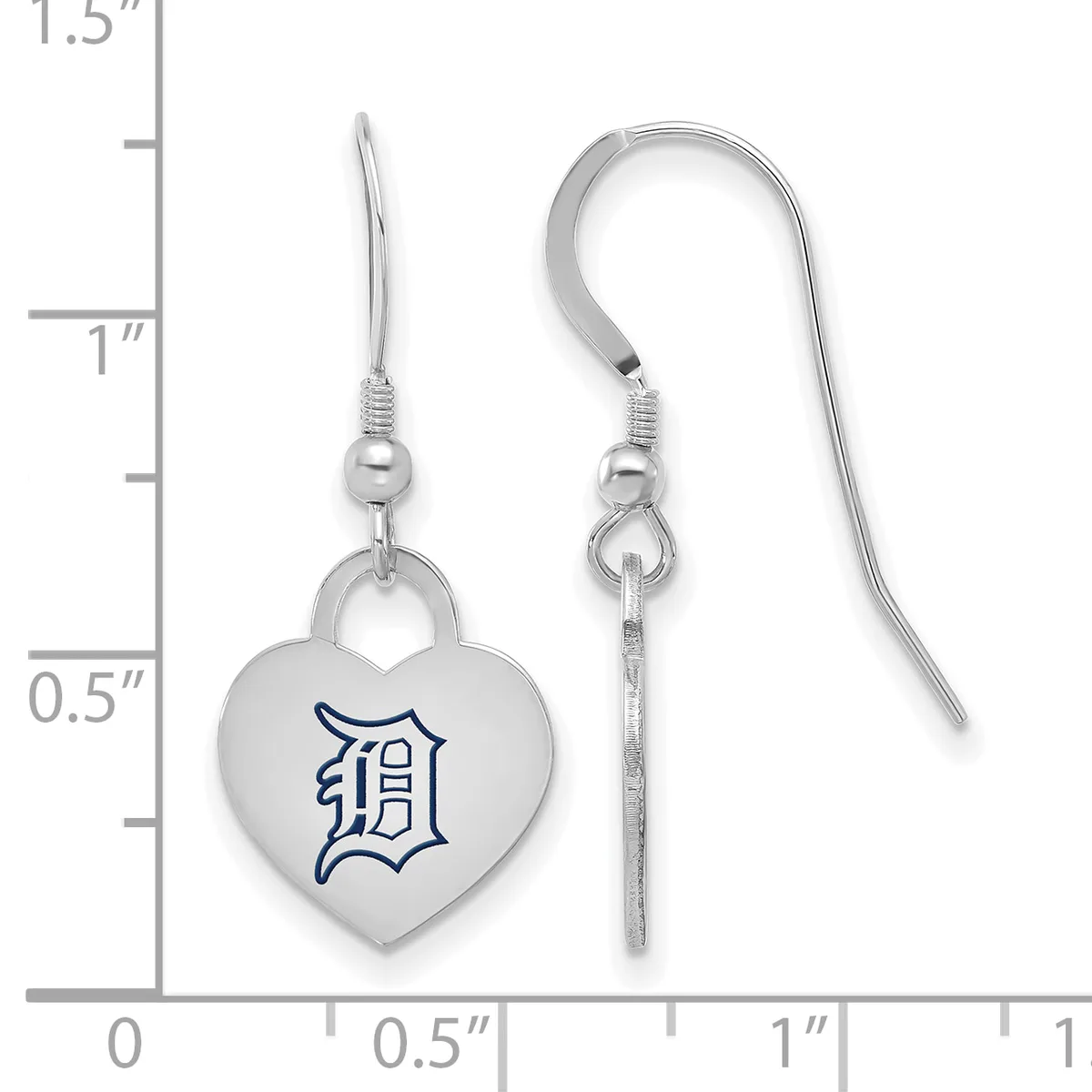 Pair of silver-toned heart-shaped earrings with a blue "D" logo, hanging from curved ear wires, displayed against a measurement scale.