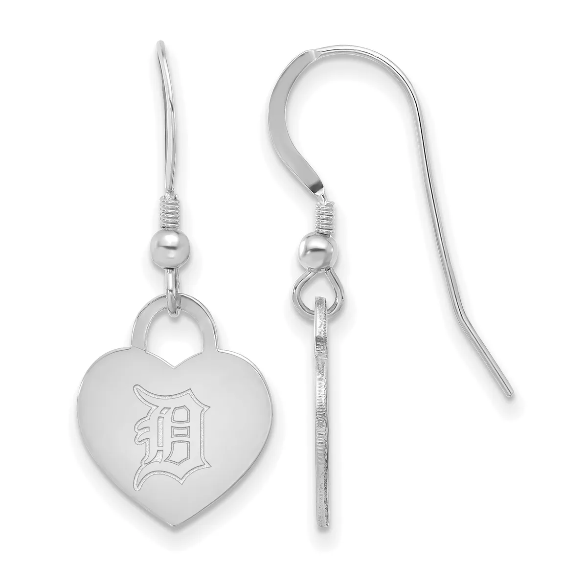 A pair of silver heart-shaped dangle earrings with a letter D engraved on the front, shown from front and side views.