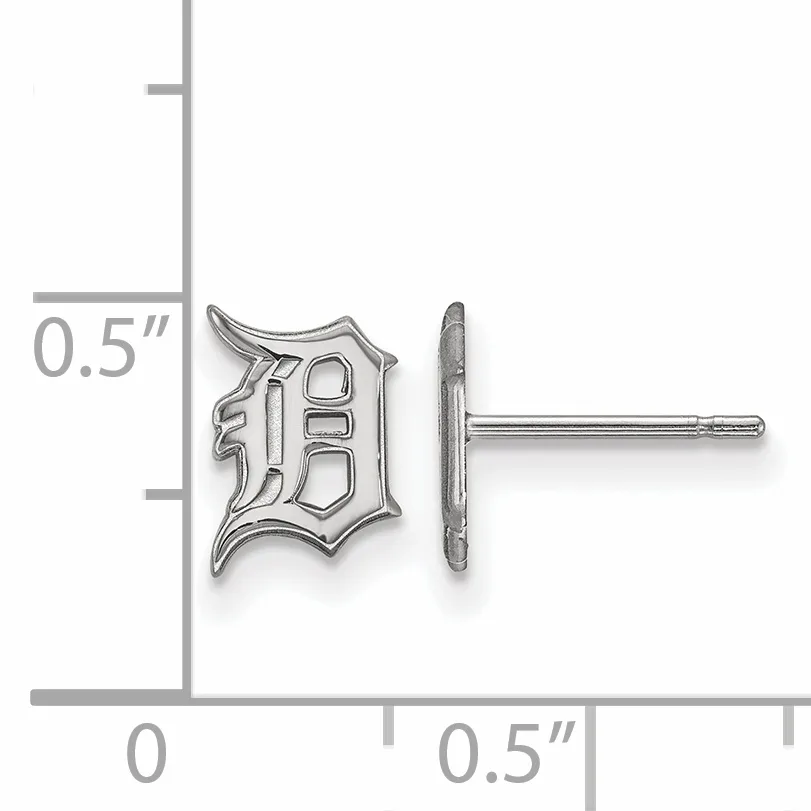 Small silver stud earring with ornate shield-shaped face featuring decorative scrollwork, shown front and back view with measurement scale indicating approximately 0.5 inches in height.