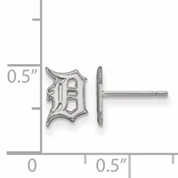 Small silver stud earring with ornate shield-shaped face featuring decorative scrollwork, shown front and back view with measurement scale indicating approximately 0.5 inches in height.