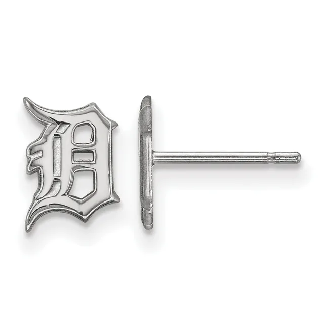 Sterling silver stud earrings with an ornate Gothic-style "D" logo design, shown from front and back views.