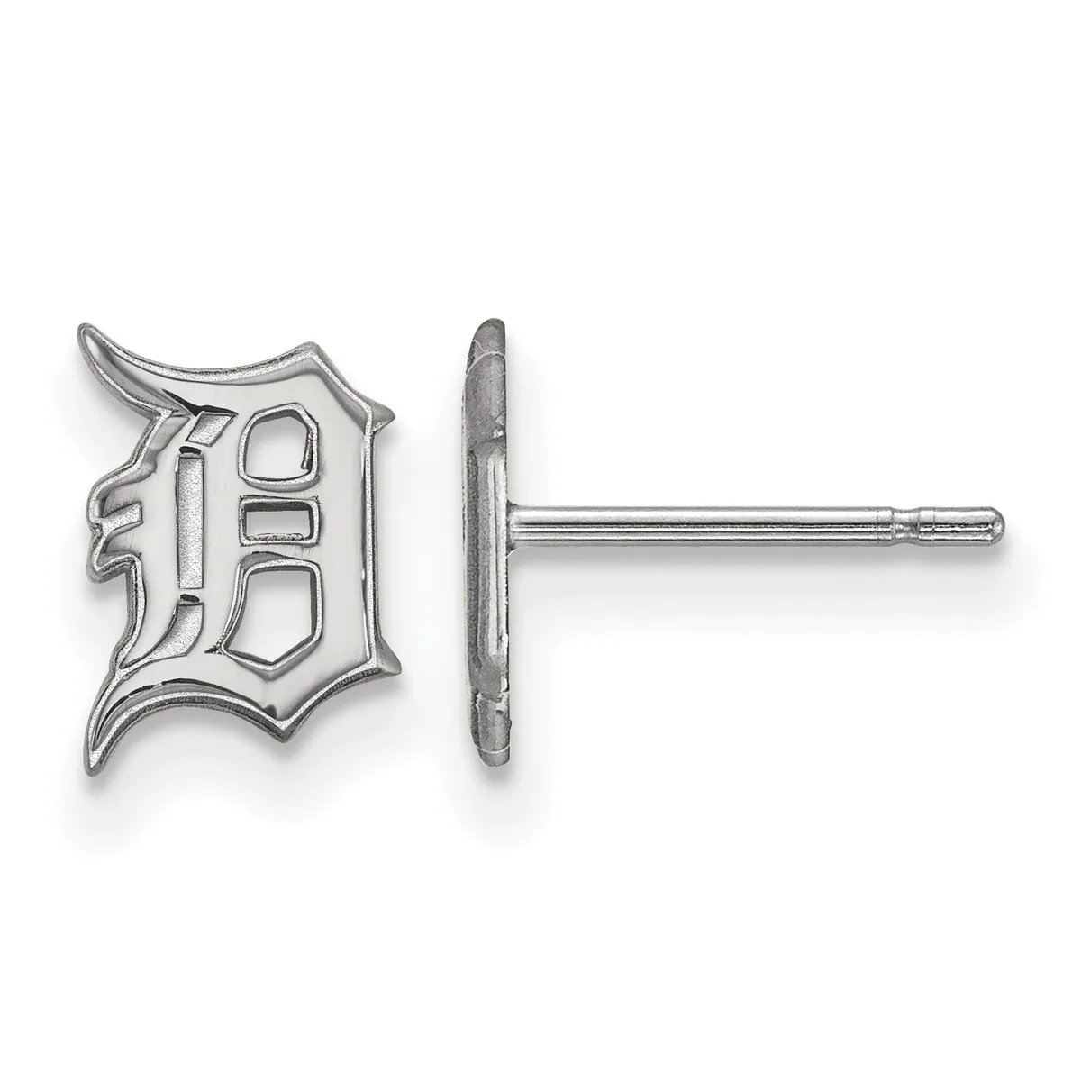 Sterling silver stud earrings with an ornate Gothic-style "D" logo design, shown from front and back views.