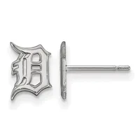 Sterling silver stud earrings with an ornate Gothic-style "D" logo design, shown from front and back views.
