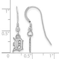 Pair of silver fish hook earrings with small round beads and dangling charms, displayed next to a ruler showing approximately one inch in length.