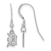 Pair of silver-colored earrings with curved hooks, small round beads, and rectangular charms stamped with the letter D, shown from front and side views.
