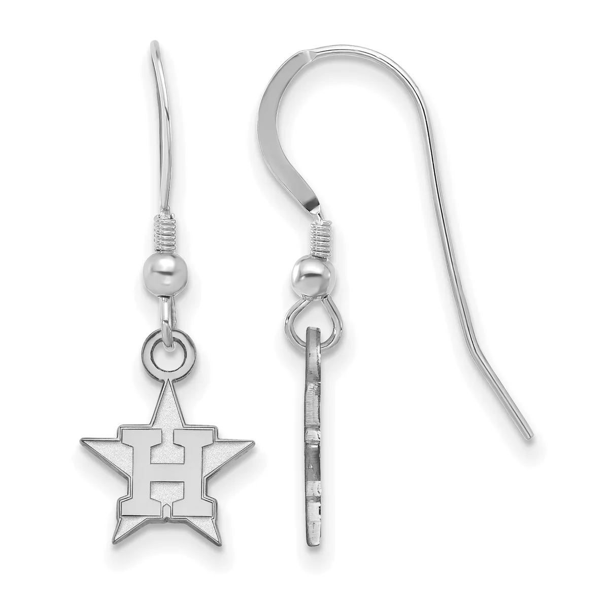 A pair of silver-toned earrings with fish hook wires, small beads, and star-shaped pendants with an "H" cutout in the center, shown from front and side views.