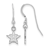 A pair of silver-toned earrings with fish hook wires, small beads, and star-shaped pendants with an "H" cutout in the center, shown from front and side views.