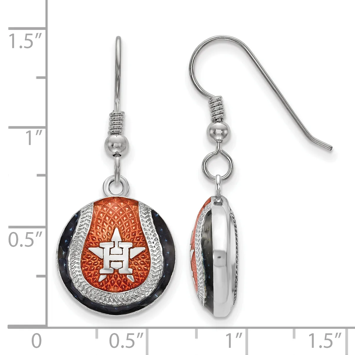 Pair of Houston Astros baseball team dangle earrings featuring orange textured centers with white "H" logos, black enamel outer rings, and silver-tone metal accents, shown front and side view with measurement scale.