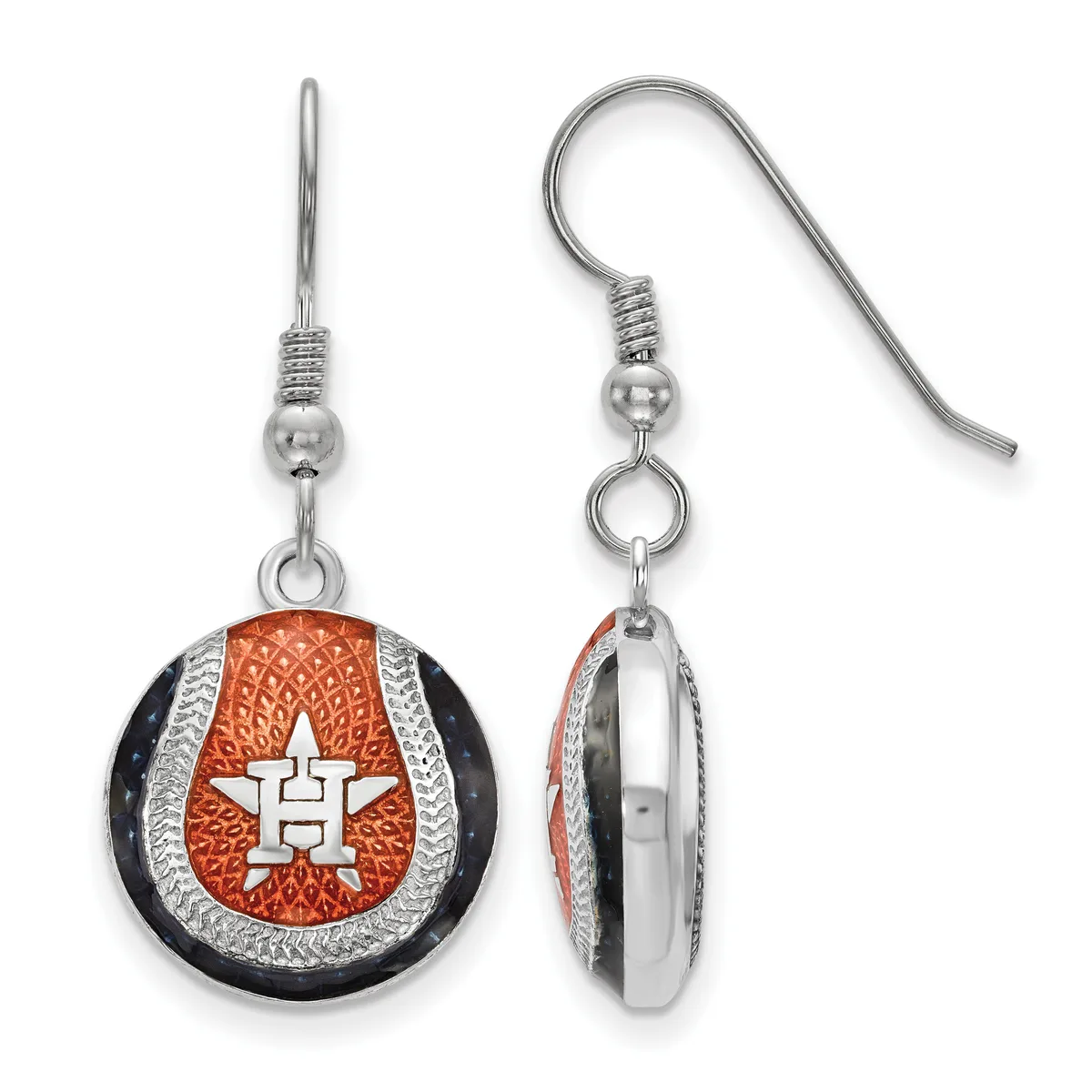 Pair of silver earrings with black and orange enamel baseball design, featuring white stitching detail and French wire hooks, shown from front and back views.