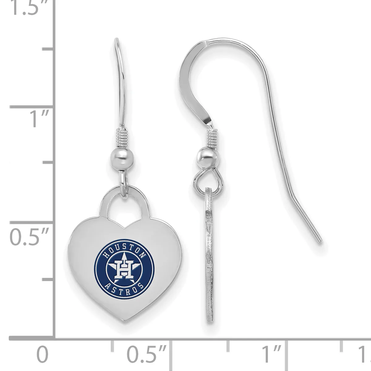A pair of silver heart-shaped earrings with fish hook wires, featuring a circular logo medallion on each heart, displayed against a measurement scale.