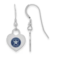 A pair of silver-toned heart-shaped earrings with fish hook wires, featuring a blue and white circular logo on the front face.