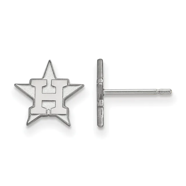 Silver star-shaped stud earrings shown from front and side views, featuring a cutout letter H in the center of each star.