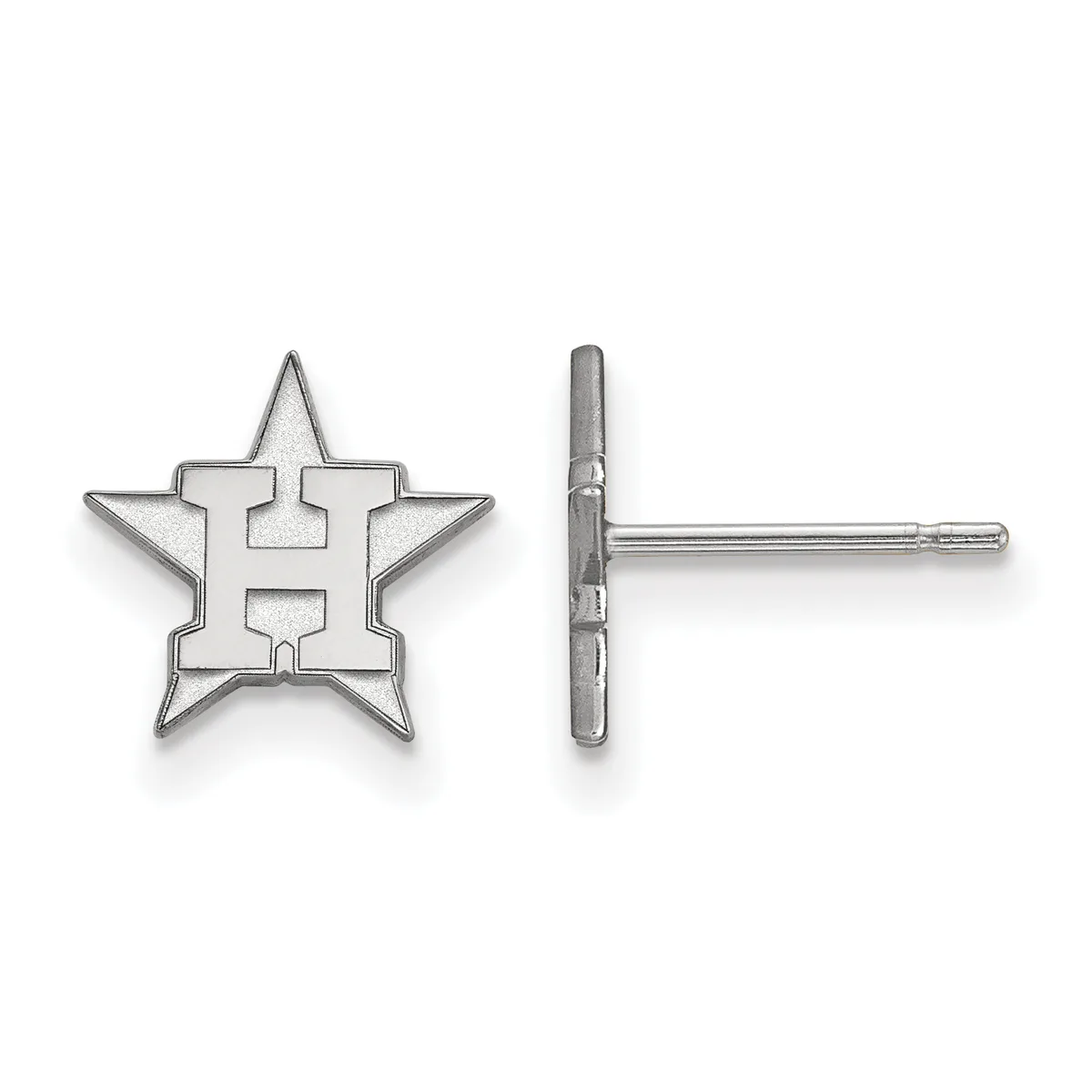 Silver star-shaped stud earrings shown from front and side views, featuring a cutout letter H in the center of each star.