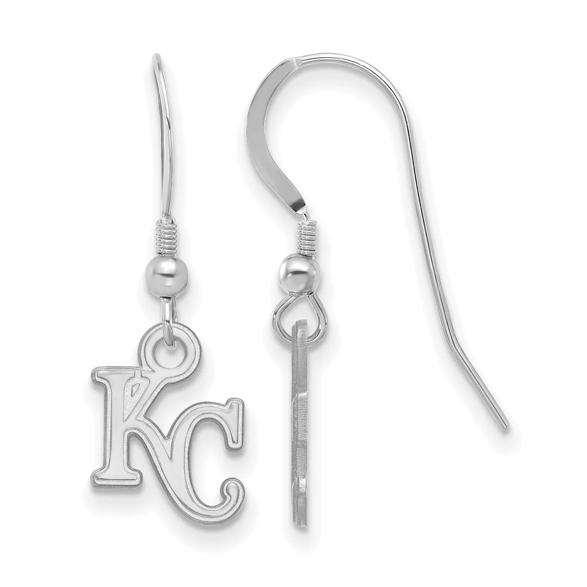 A pair of silver earrings with ornate KC letter charms suspended from curved ear wires with small decorative beads.