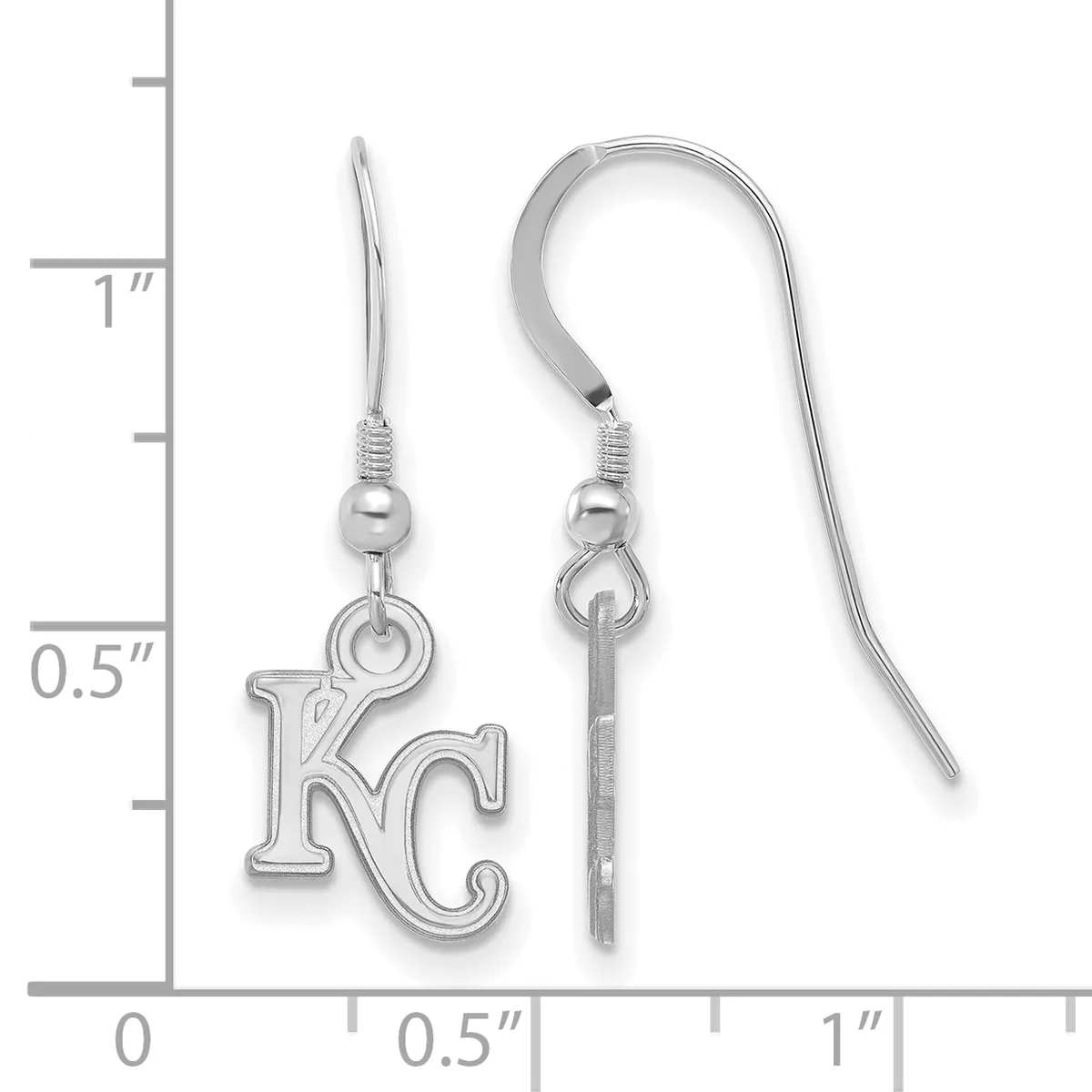 Pair of silver earrings with KC charm pendants and matching hooks, displayed next to a ruler showing approximately one inch in length.