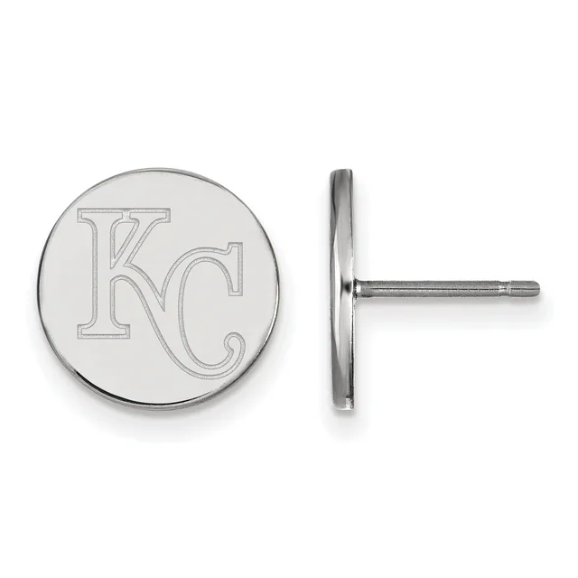 A pair of circular silver stud earrings with KC initials engraved on the face, shown from front and side views.