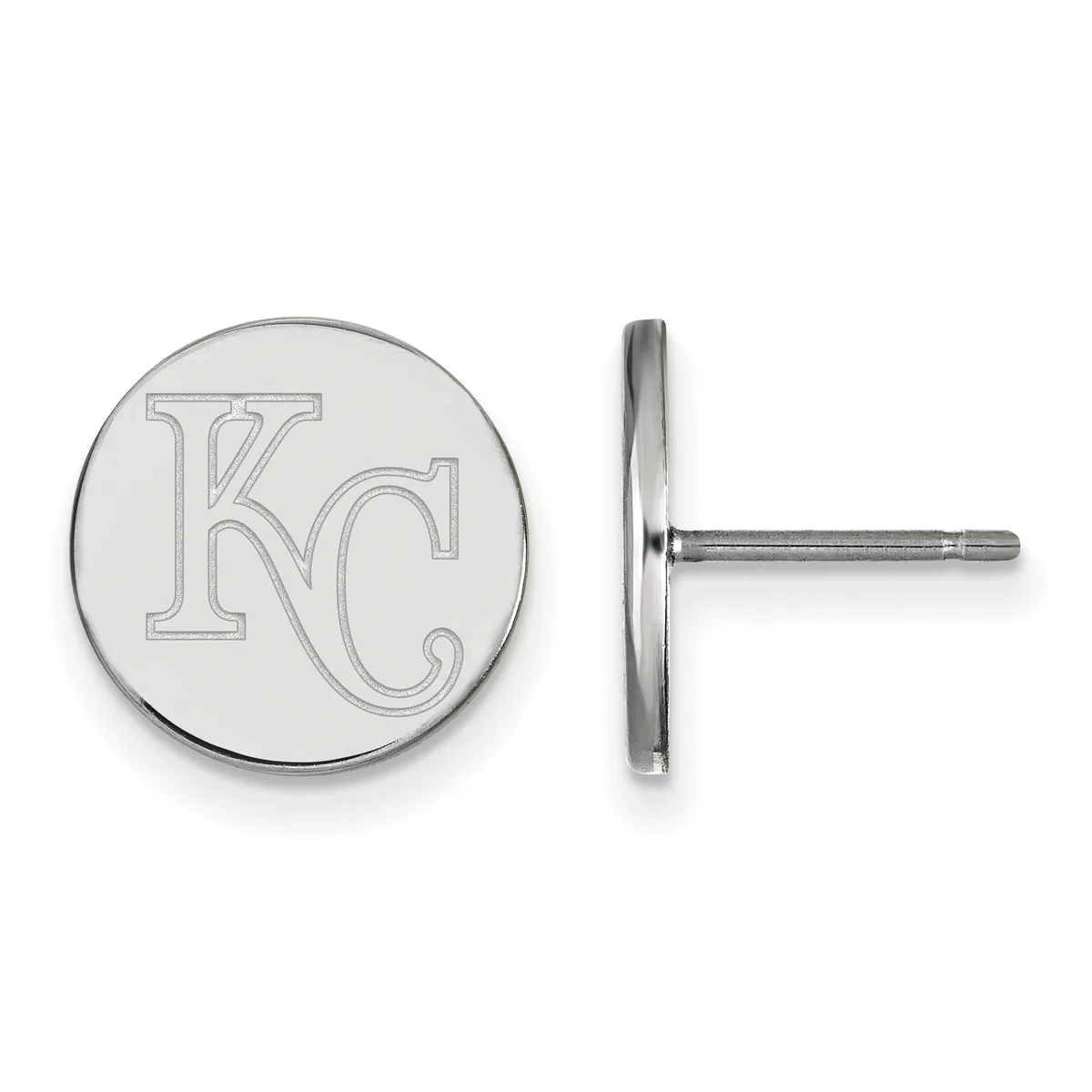 A pair of circular silver stud earrings with KC initials engraved on the face, shown from front and side views.