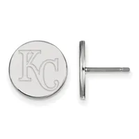 A pair of circular silver stud earrings with KC initials engraved on the face, shown from front and side views.