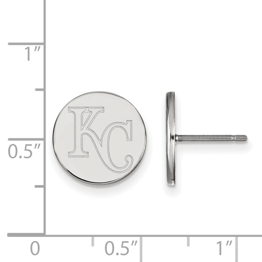 Two silver-colored circular stud earrings with KC initials, shown front and side view against a measurement scale indicating approximately 0.5 inches in diameter.