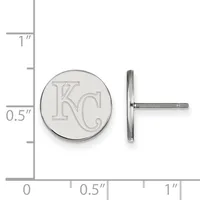 Two silver-colored circular stud earrings with KC initials, shown front and side view against a measurement scale indicating approximately 0.5 inches in diameter.