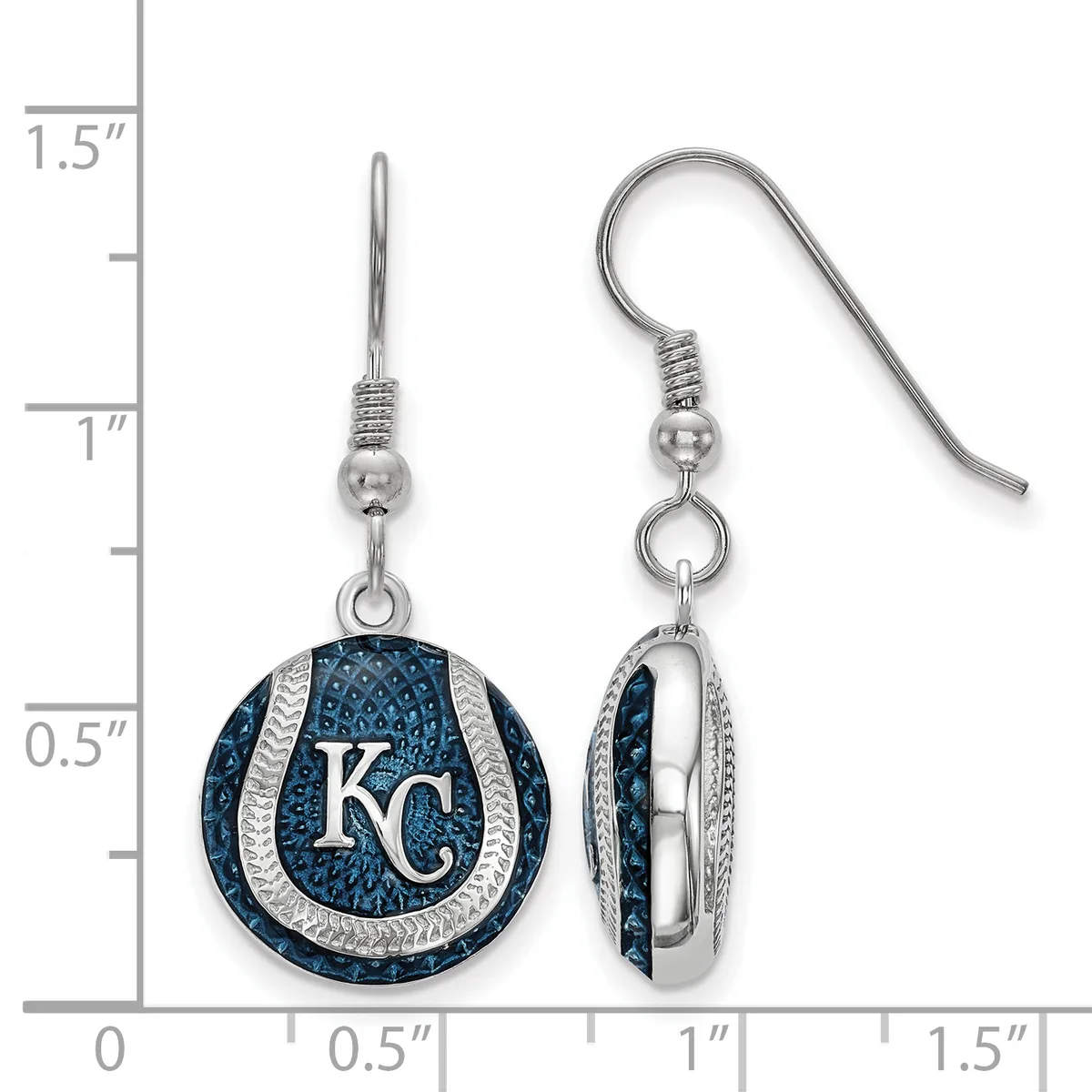 A pair of silver-toned earrings featuring circular blue and white striped pendants with a "K" initial, shown front and back against a measurement ruler.