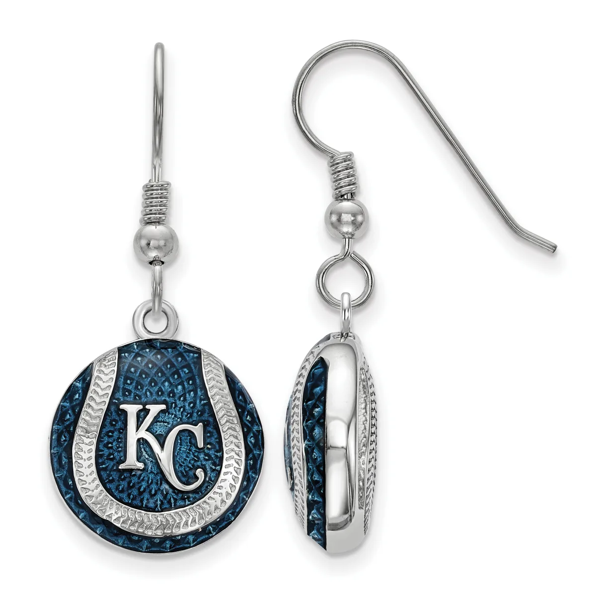 Pair of silver earrings with blue crystal-studded circular pendants featuring a white "KC" logo, shown from front and side views.
