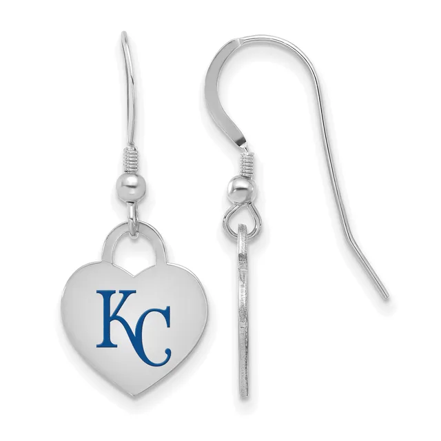 Pair of silver-toned heart-shaped earrings with blue KC lettering, shown front and side view with ear wires attached.