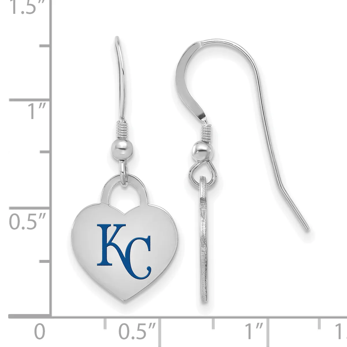 Silver heart-shaped earrings with blue KC logo, shown on measurement scale indicating approximately one inch in length with fish hook closures.