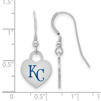 Silver heart-shaped earrings with blue KC logo, shown on measurement scale indicating approximately one inch in length with fish hook closures.