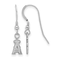 Pair of silver-toned fish hook earrings with small beads and dangling letter A charms, shown front and back views.