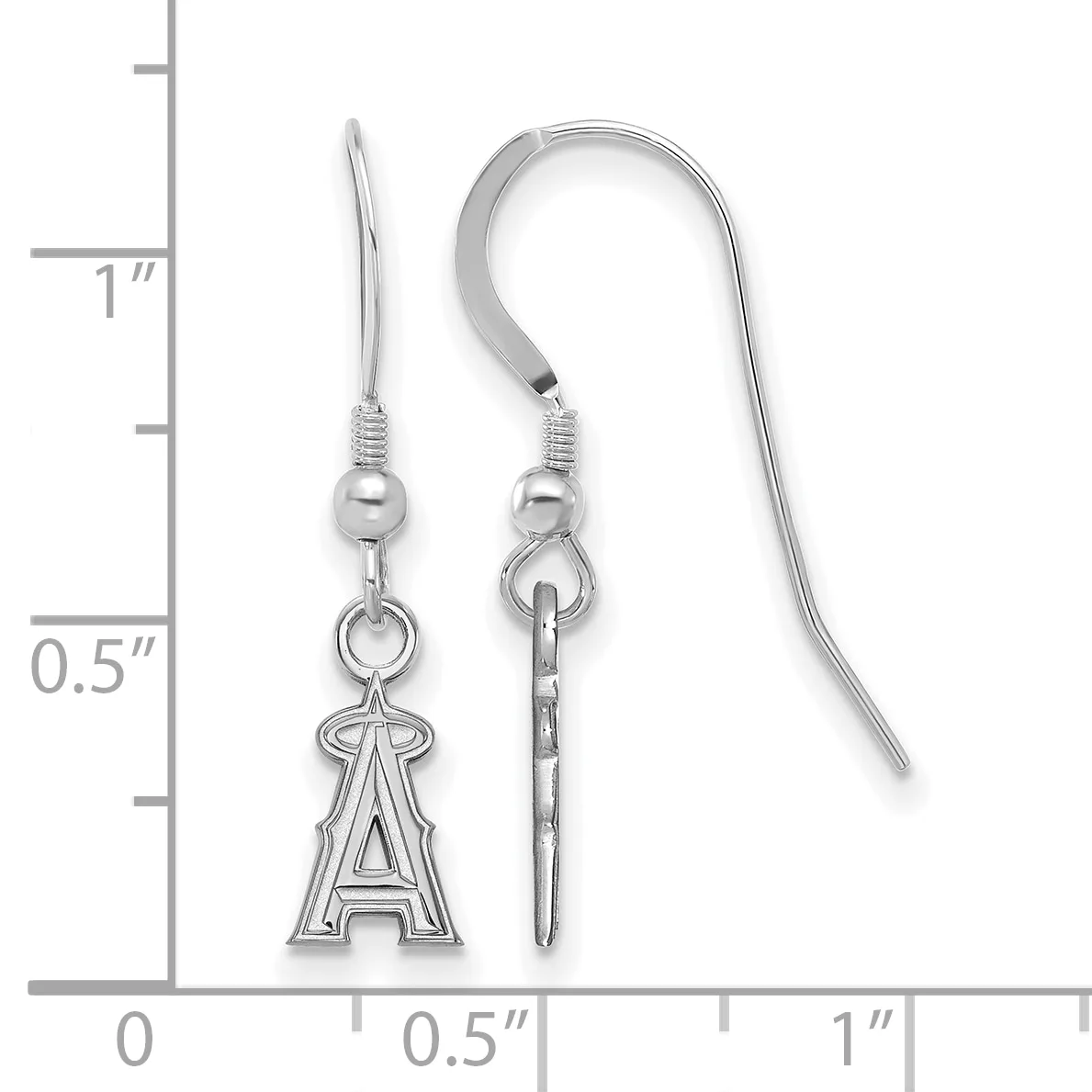 A pair of silver-toned fish hook earrings with decorative "A" letter charms, displayed against a measurement scale showing approximately one inch in length.