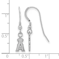A pair of silver-toned fish hook earrings with decorative "A" letter charms, displayed against a measurement scale showing approximately one inch in length.