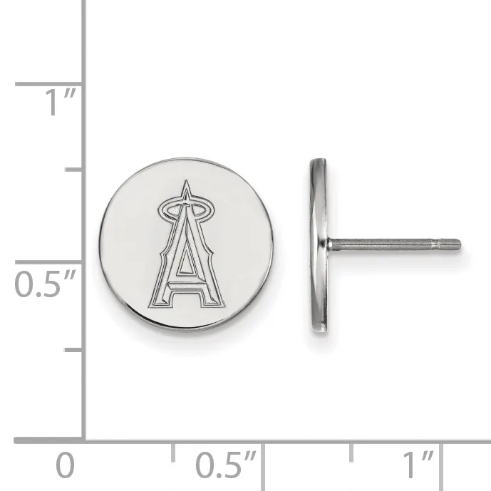 Two round silver stud earrings with an engraved letter "A" logo, shown front and side view against a measurement scale.