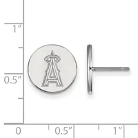 Two round silver stud earrings with an engraved letter "A" logo, shown front and side view against a measurement scale.