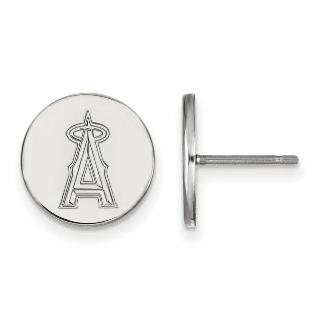 A pair of silver circular stud earrings with an outlined baseball team "A" logo displayed from front and side views.